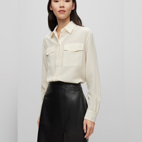 Boss by Hugo Boss Women’s Silk Button Down Blouse Tan Size Fit S Business Casual - Picture 1 of 8